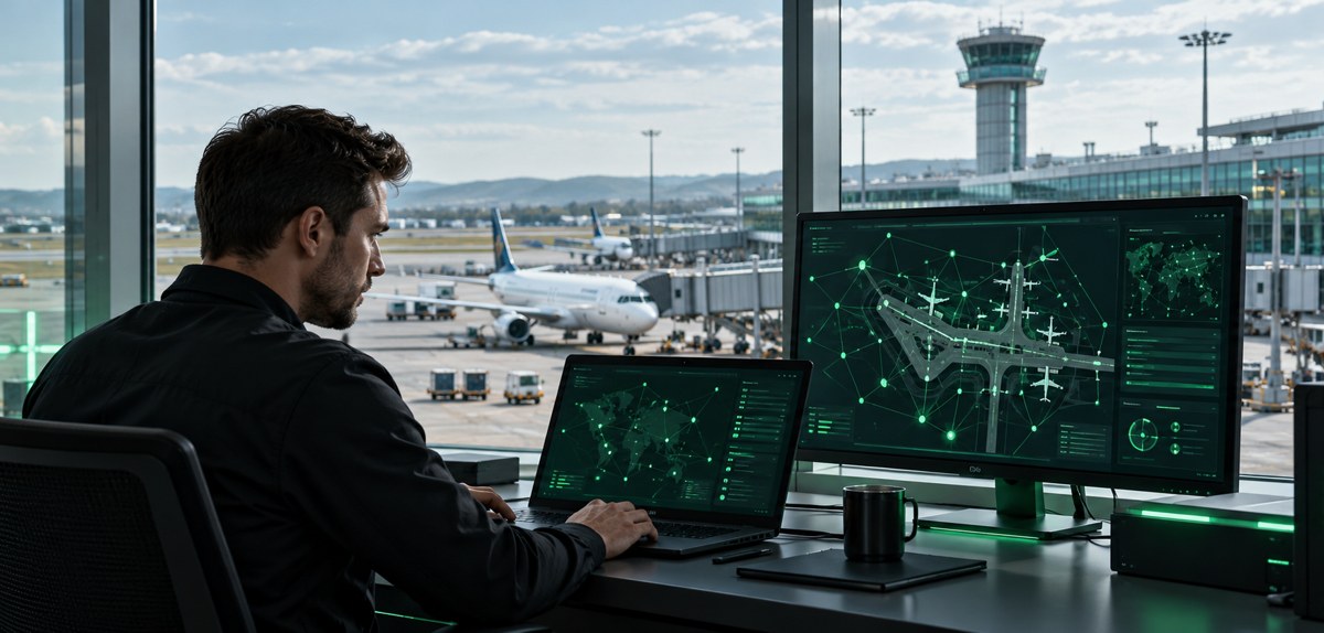 Cyber security engineer reviewing airport network defences with aircraft and a control tower beyond the window
