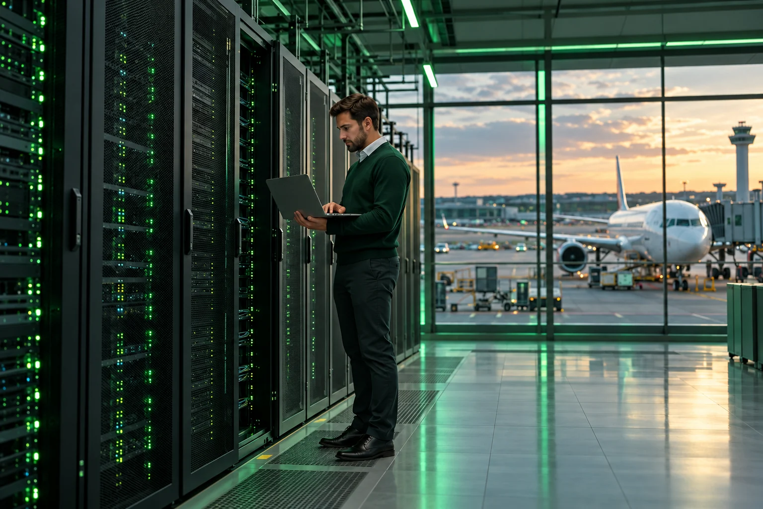 Security engineer inspecting airport server infrastructure beside an aircraft apron